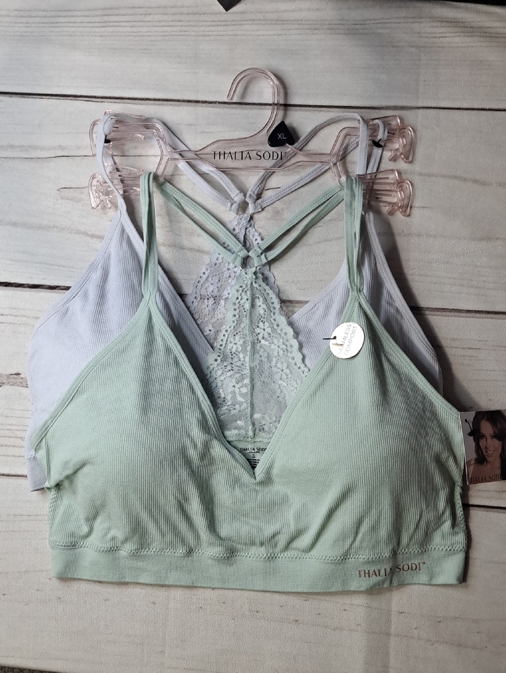 Thalia Sodi Women's Seamless Lace-Back Bralette - Mint & White Size XL